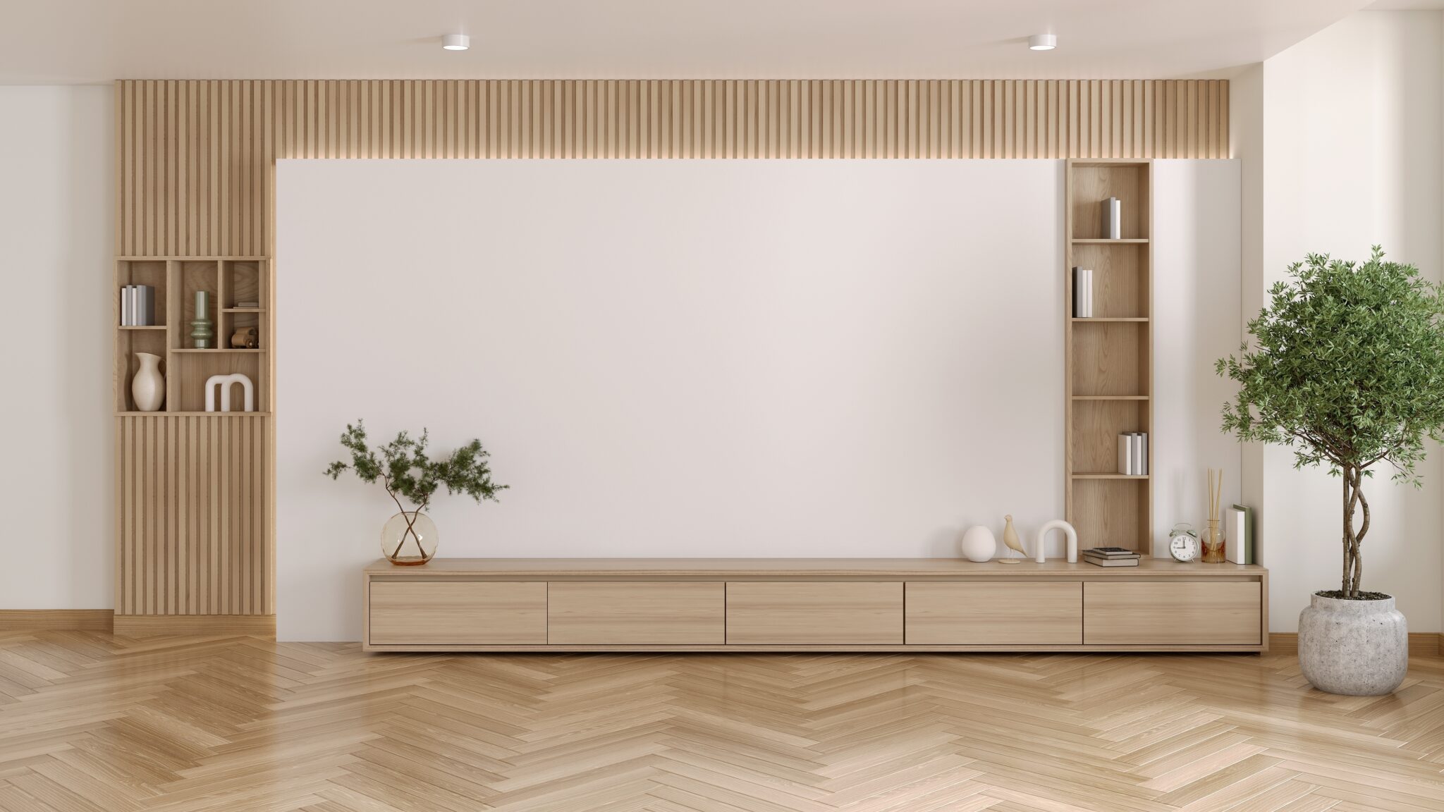 Tv,Cabinet,With,Wood,Shelf,And,White,Armchair,In,Minimal